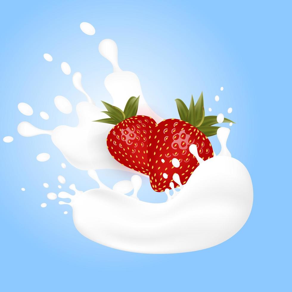 Milk,yoghurt, sour cream splash and strawberry realistic vector illustration. Natural fruit products