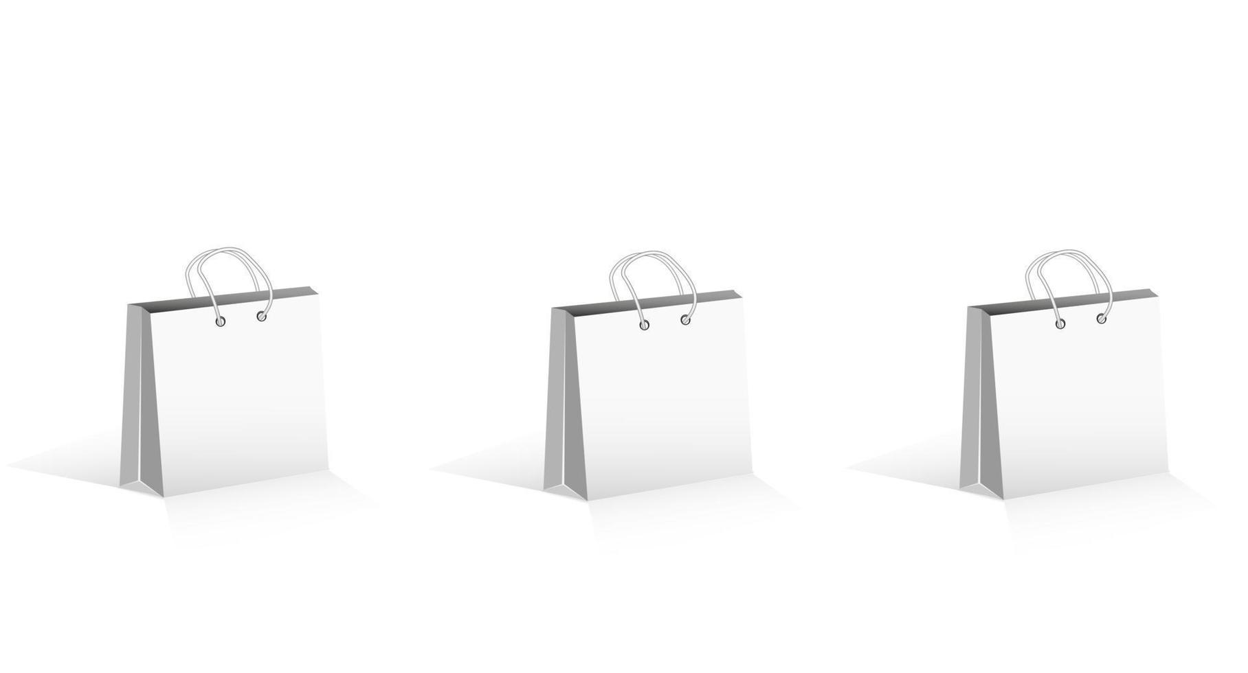 tres bolsas de compras de papel con reflejos y espacio de copia para su marca, marketing o publicidad. ilustración vectorial vector