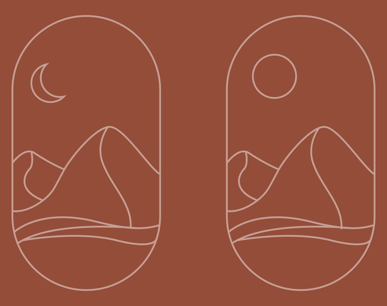Vector set of linear boho icons and symbol- landscape with sun and moon.