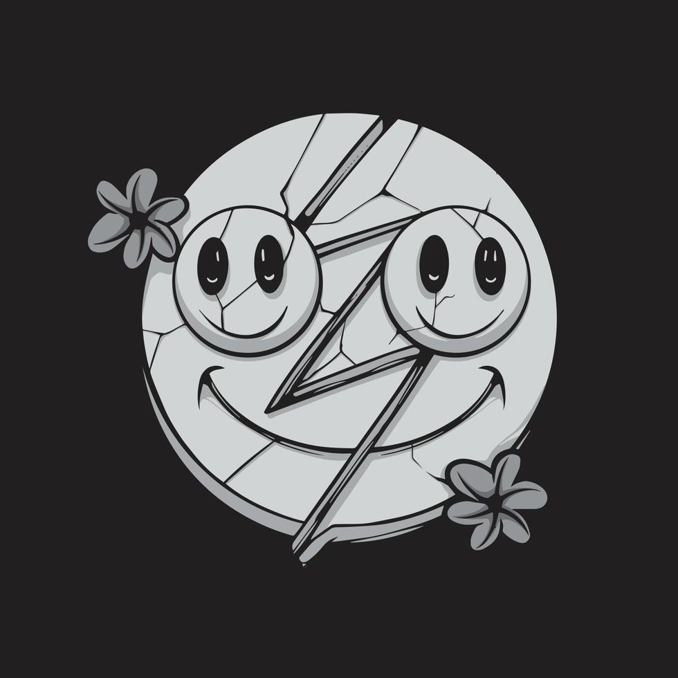 emoticono de sonrisa falsa y flor en blanco y negro vector