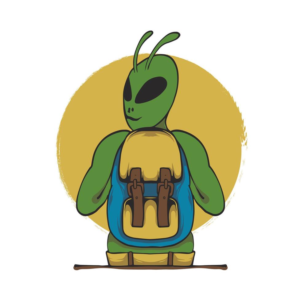 alien ufow wearing bag  hand drawing illustration vector