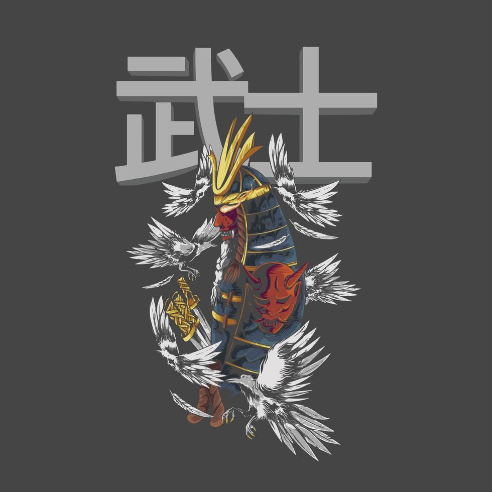 ilustración de samurai de máscara oni con arte japonés de estilo callejero de cuervo vector