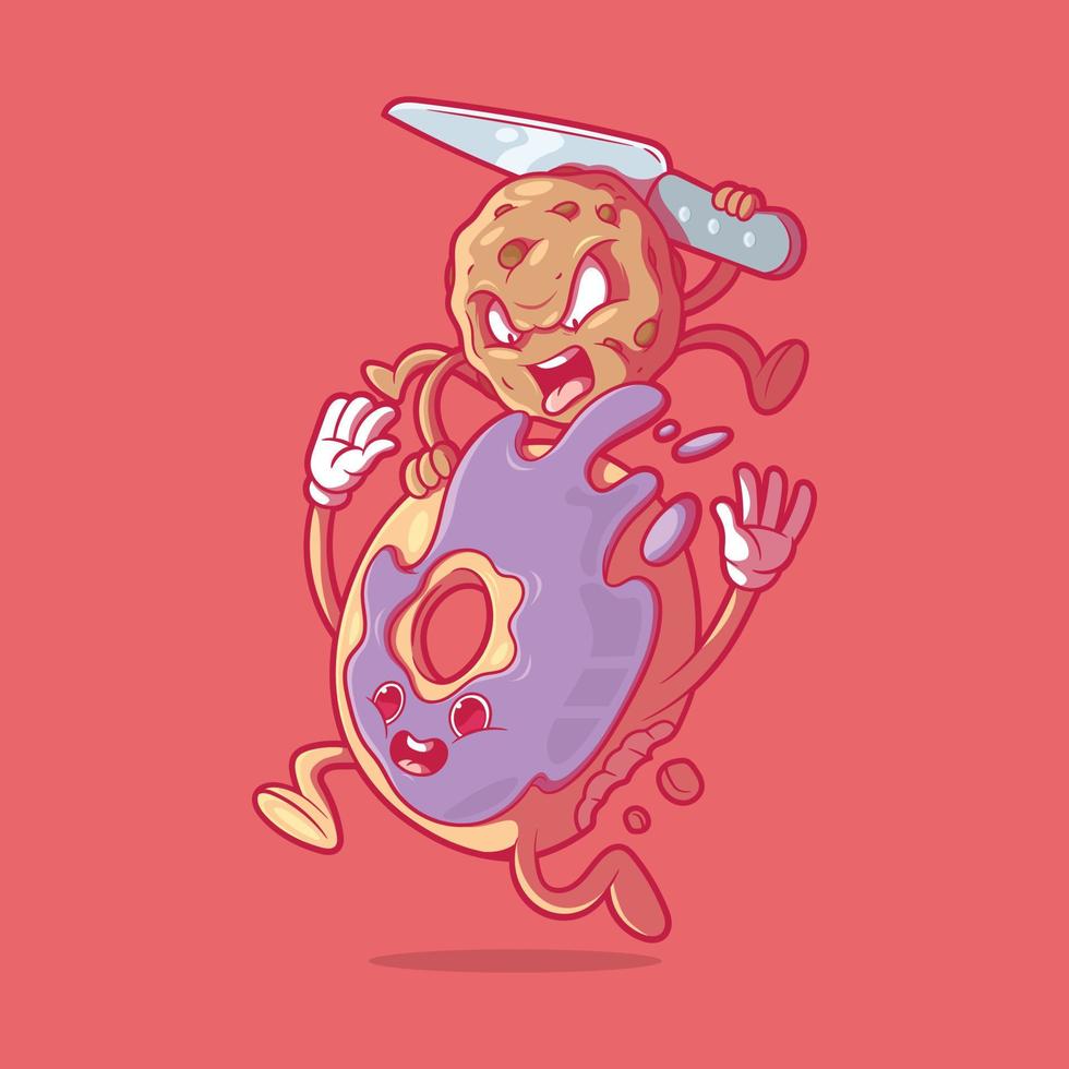 Cookie character attacking a donut vector illustration. Food, sweet, sugar design concept.