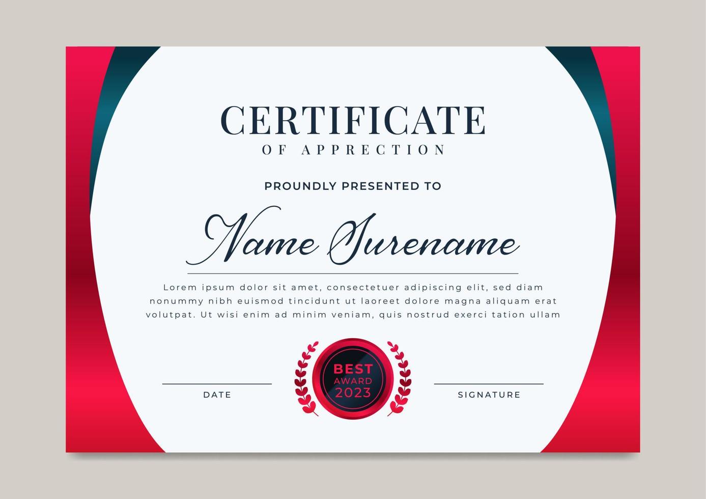 Modern red and blue certificate of achievement with badge template vector