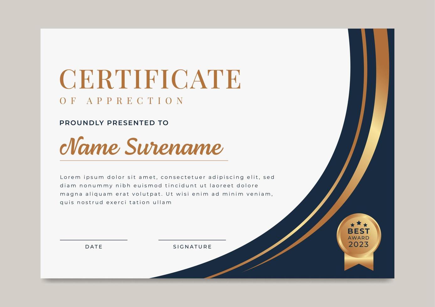 Modern luxury certificate of achievement with gold badge template vector