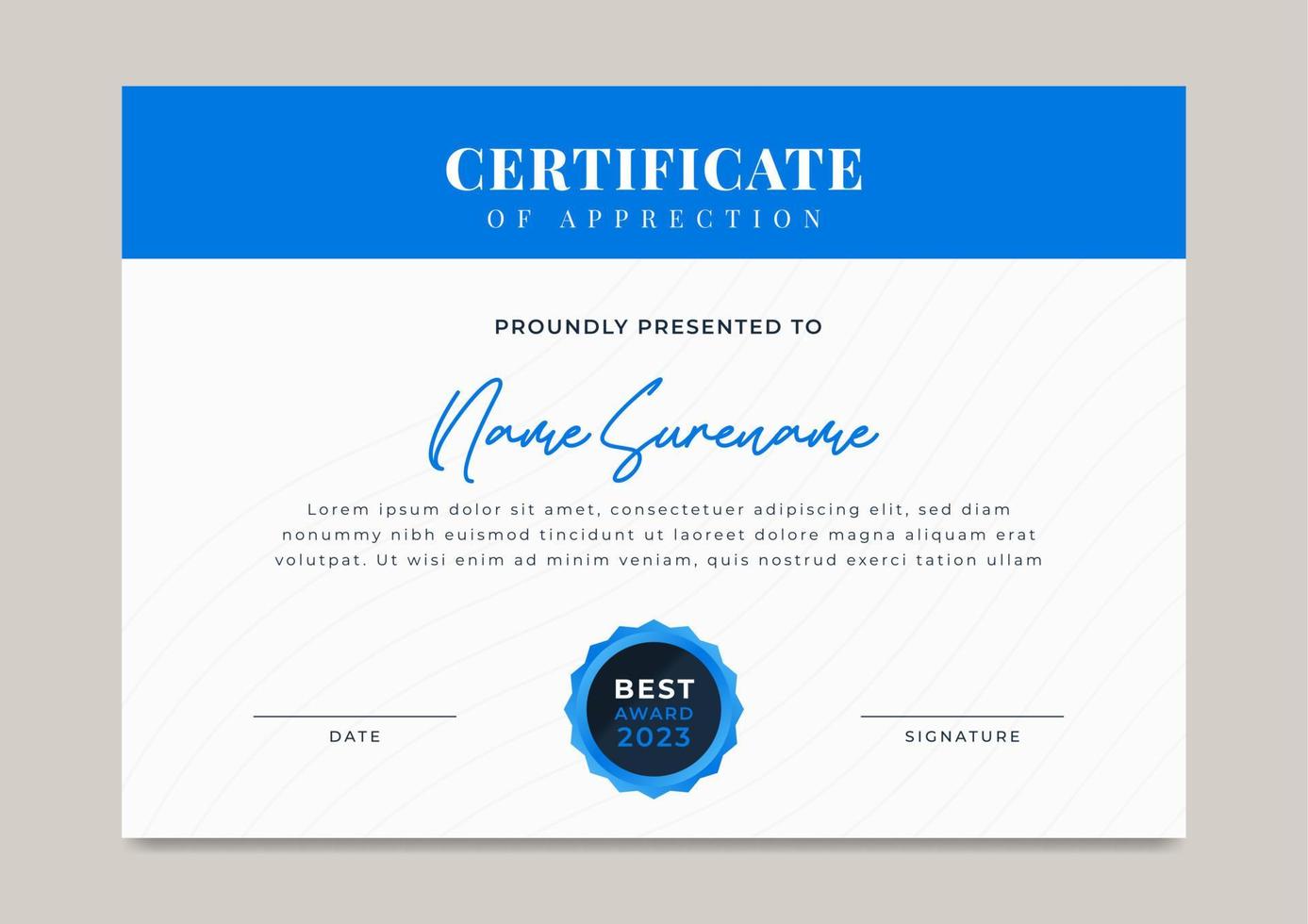 Modern and elegant blue certificate of achievement with gold badge template vector