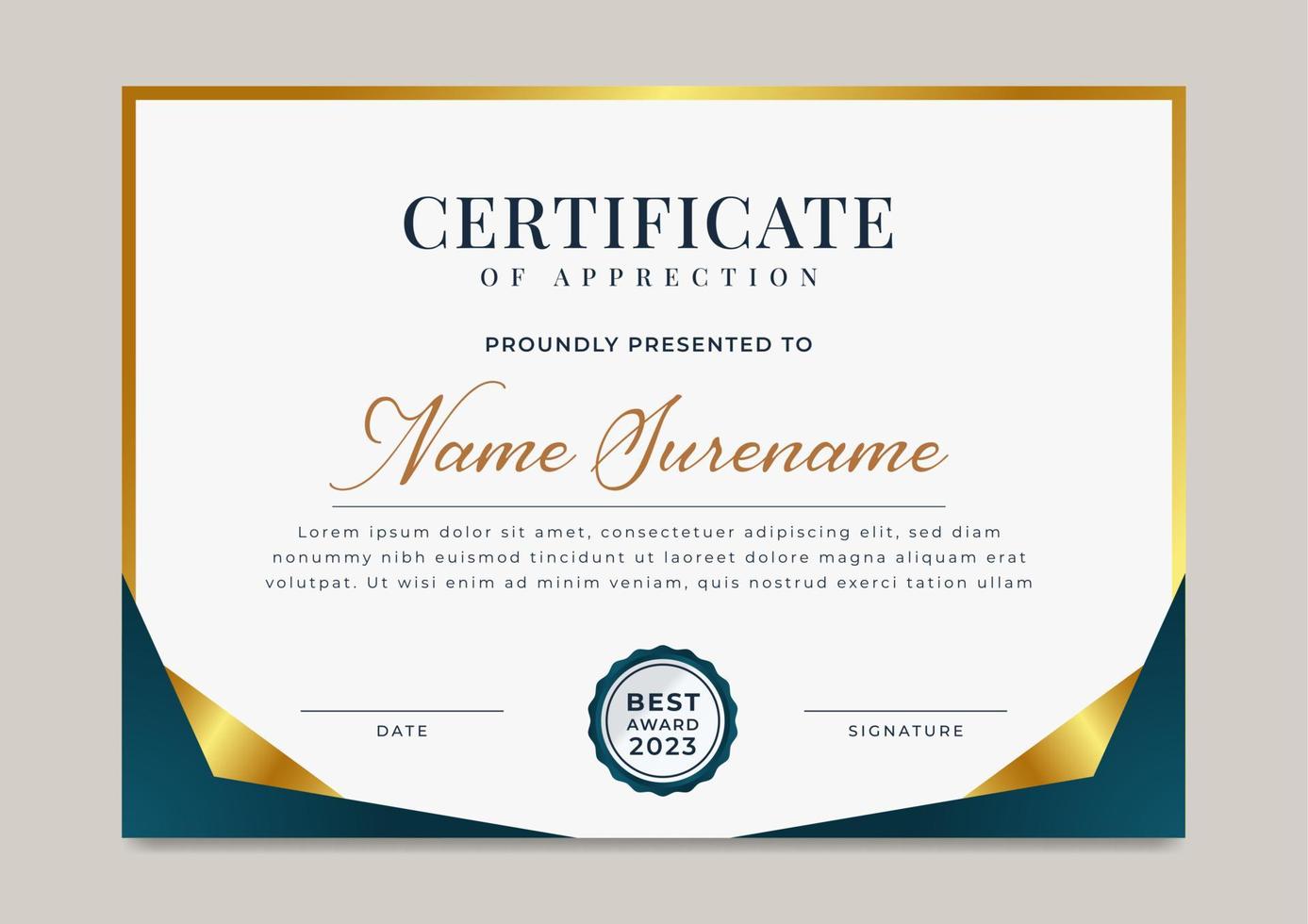 Blue and gold certificate of achievement with gold badge template vector