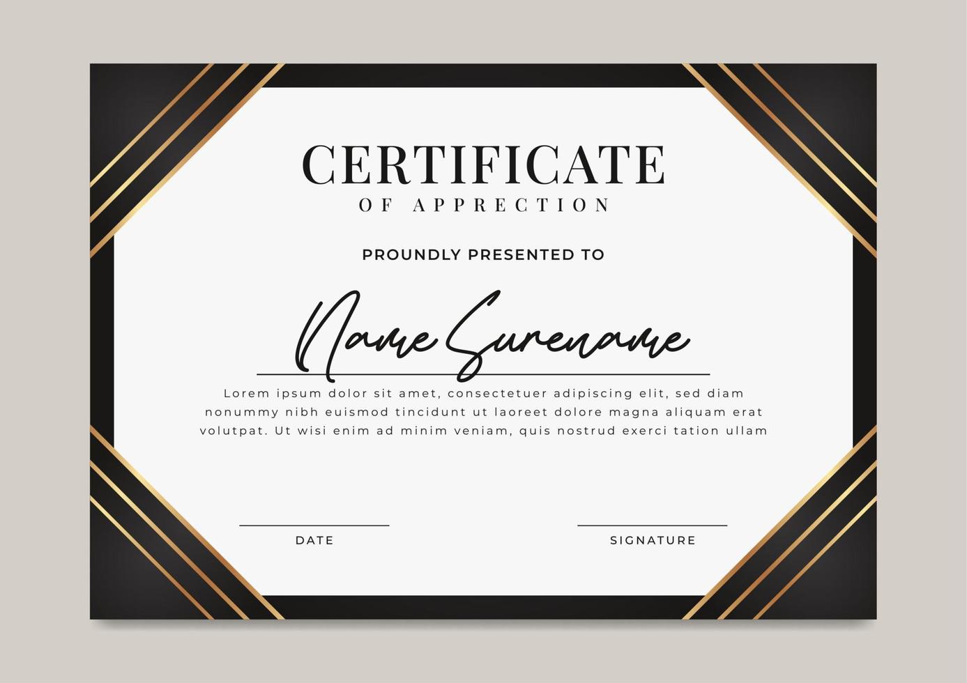 Black luxury certificate of achievement with gold badge template vector