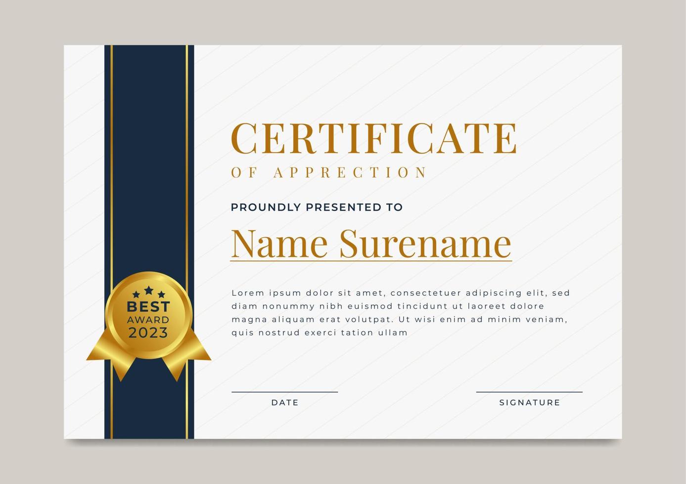 Luxury certificate of achievement with gold badge template vector