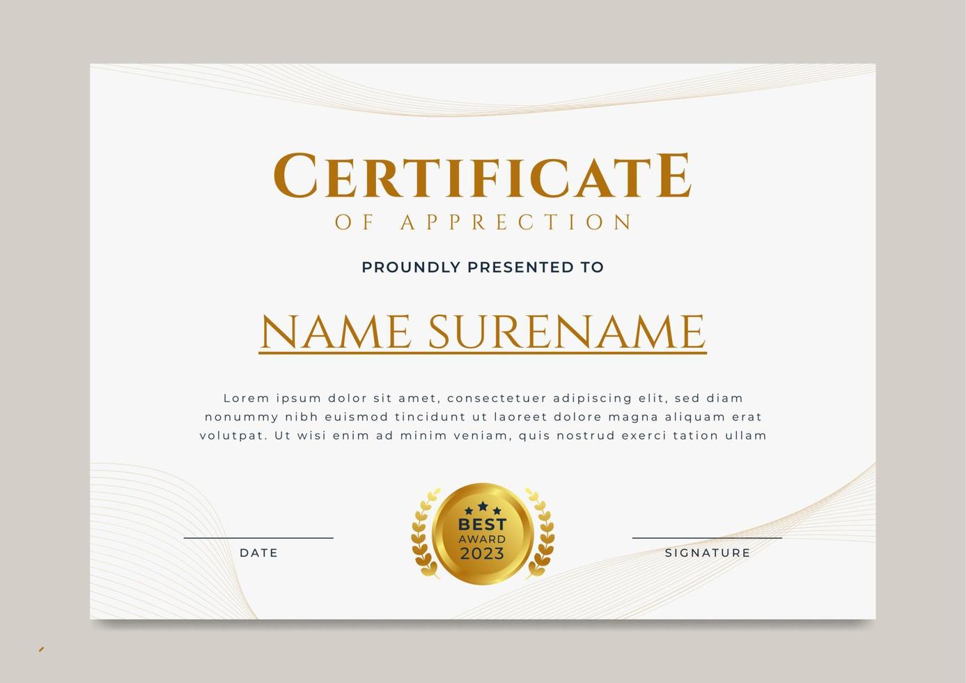 Luxury abstract certificate of achievement with gold badge template vector