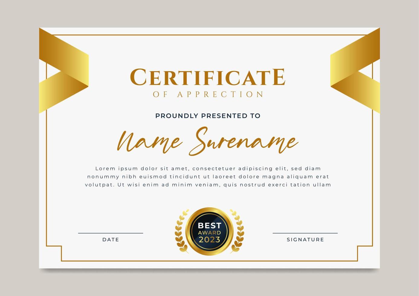 Luxury certificate of achievement with gold badge template vector