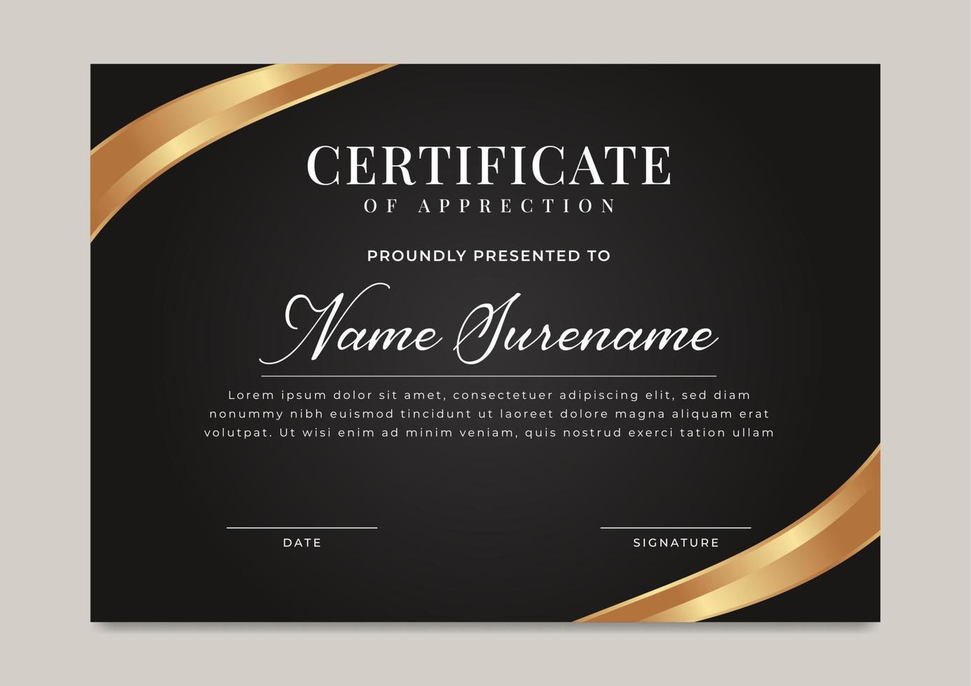 Black luxury certificate of achievement with gold badge template vector