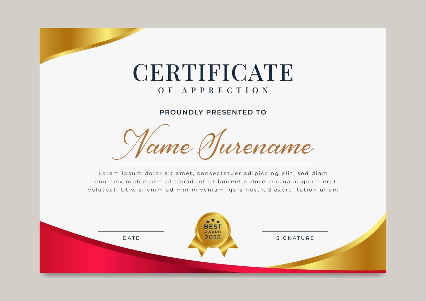 certificado de logro rojo elegante con plantilla de insignia de oro vector