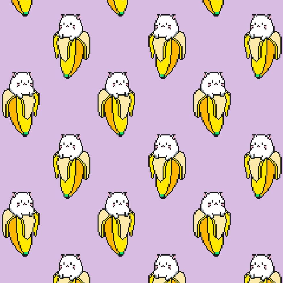 Summer funny pattern with cat. 8 bit cute white kitten on peeled banana. Cartoon design animal character 8 bit pixel vector style. Baby texture for fabric, wrapping, textile, wallpaper, clothing,