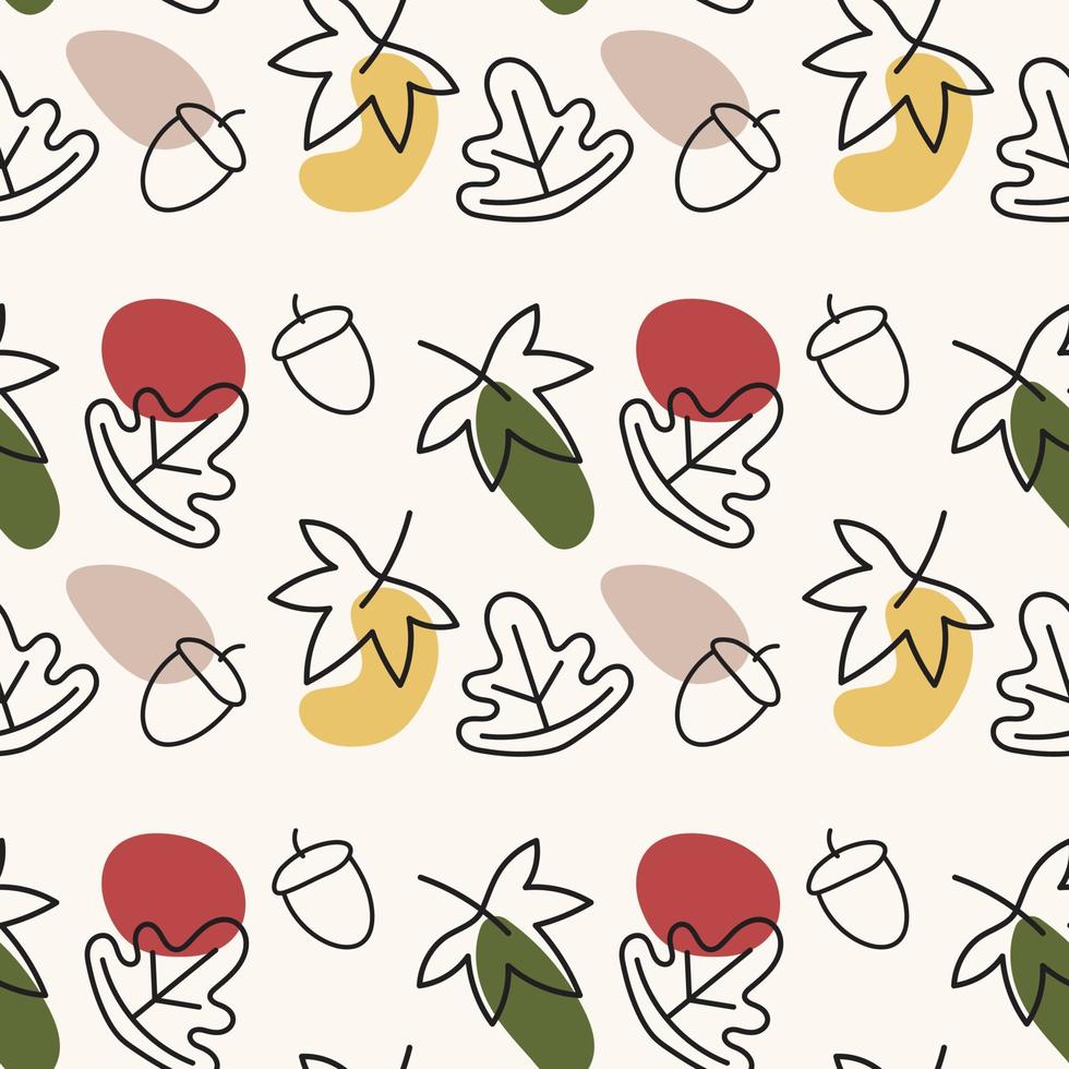 Cute seamless pattern with autumn fall outline leaves and abstract spots in beige background.Trendy and stylish print for fabric, textile, wrapping paper. Minimalistic abstract pattern in brown beige vector