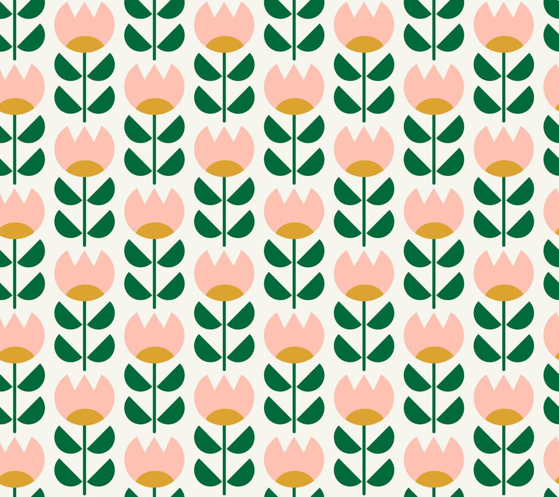 Cute seamless floral pattern of pink tulips in scandinavian style. Nordic folk flowers. For textile, fabric, wrapping paper, wallpaper, pattern fills, web page background, surface textures vector