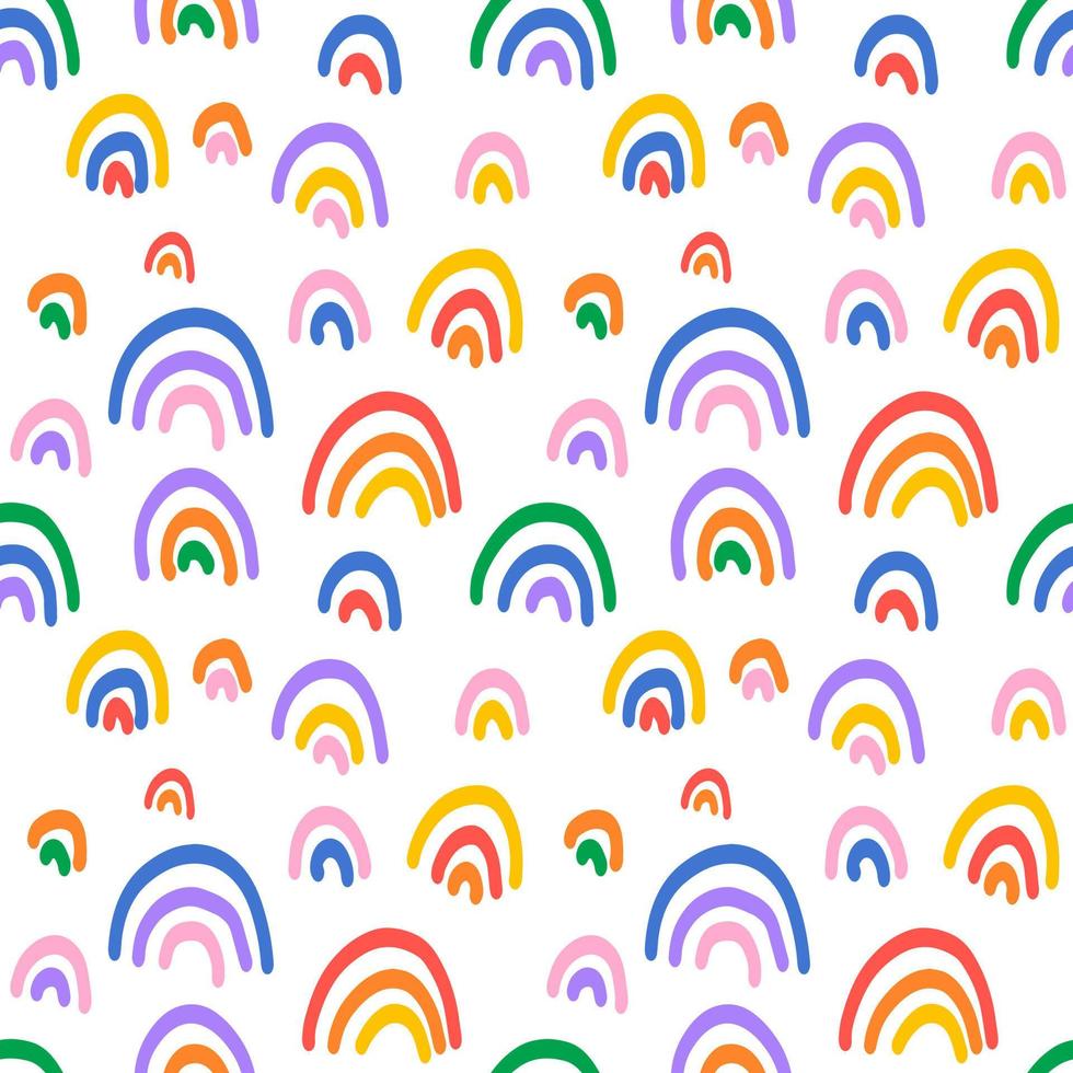 Trendy seamless pattern with colorful rainbow on white background. Background for invitation, poster, card, fabric, textile, fabric, wrapping paper. Cute holiday doodle style illustration for baby vector