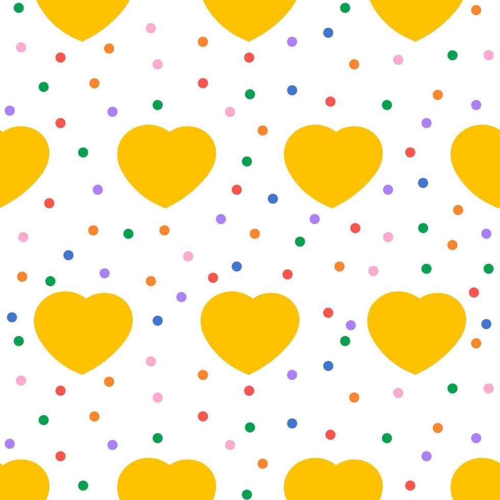 lindo patrón sin costuras con corazones amarillos dibujados a mano, puntos de colores brillantes. corazones y lunares. fondo del día de san valentín. patrón festivo para tela, textil, papel pintado, regalo, papel de regalo vector