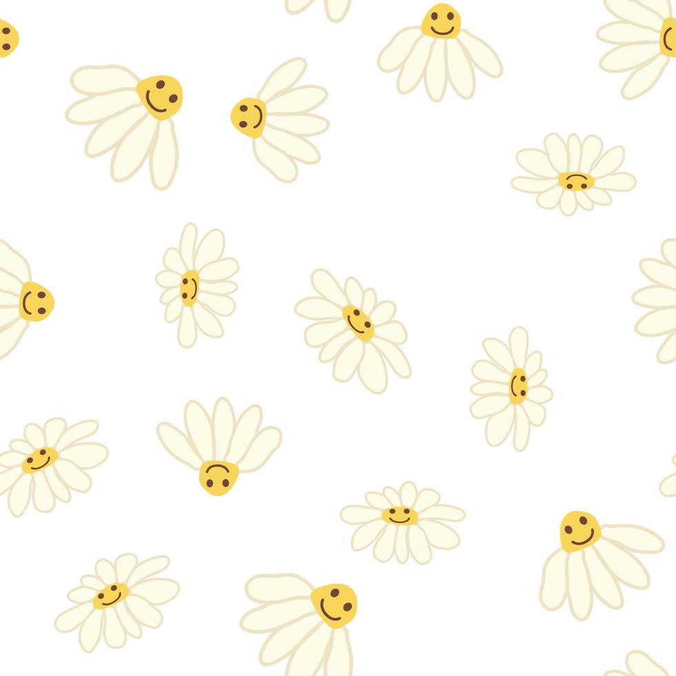 Groovy daisy retro seamless pattern. 70s vibe hippie ornament. Floral wallpaper. vector