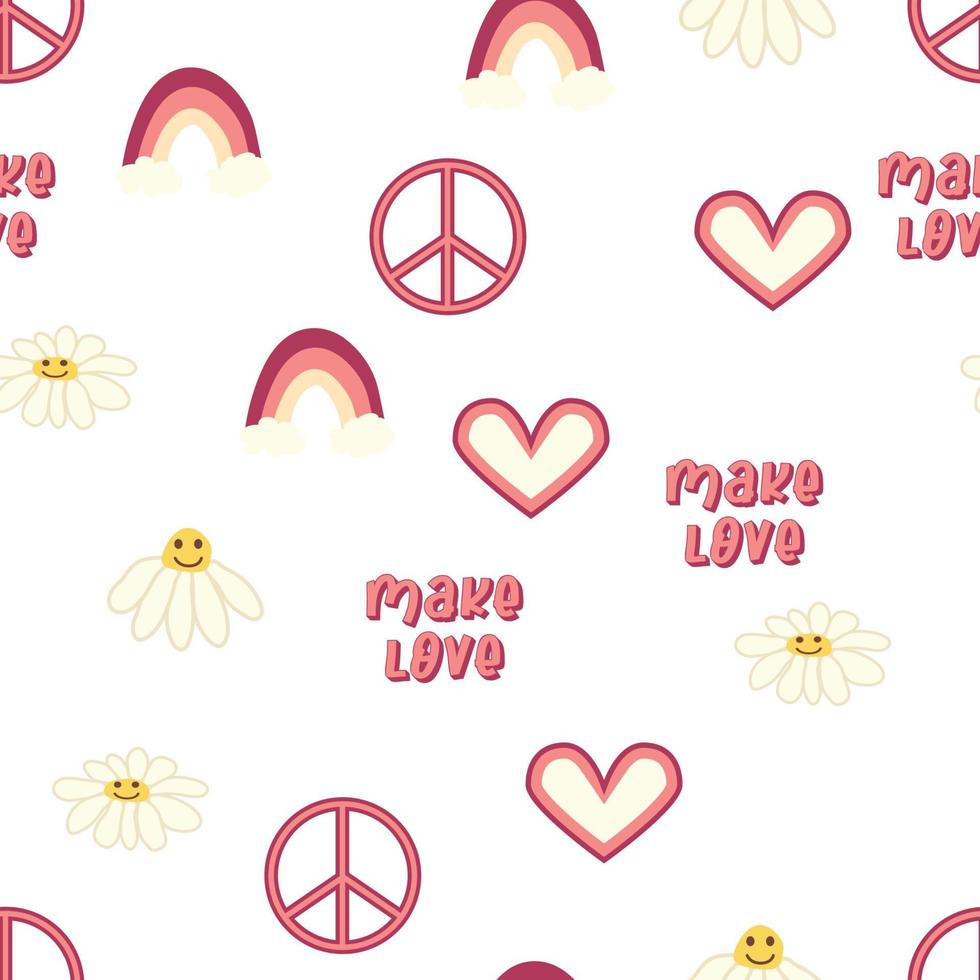 Love heart, peace symbol, rainbow retro 70s seamless pattern. Scattered heart shapes on a swirling background. vector