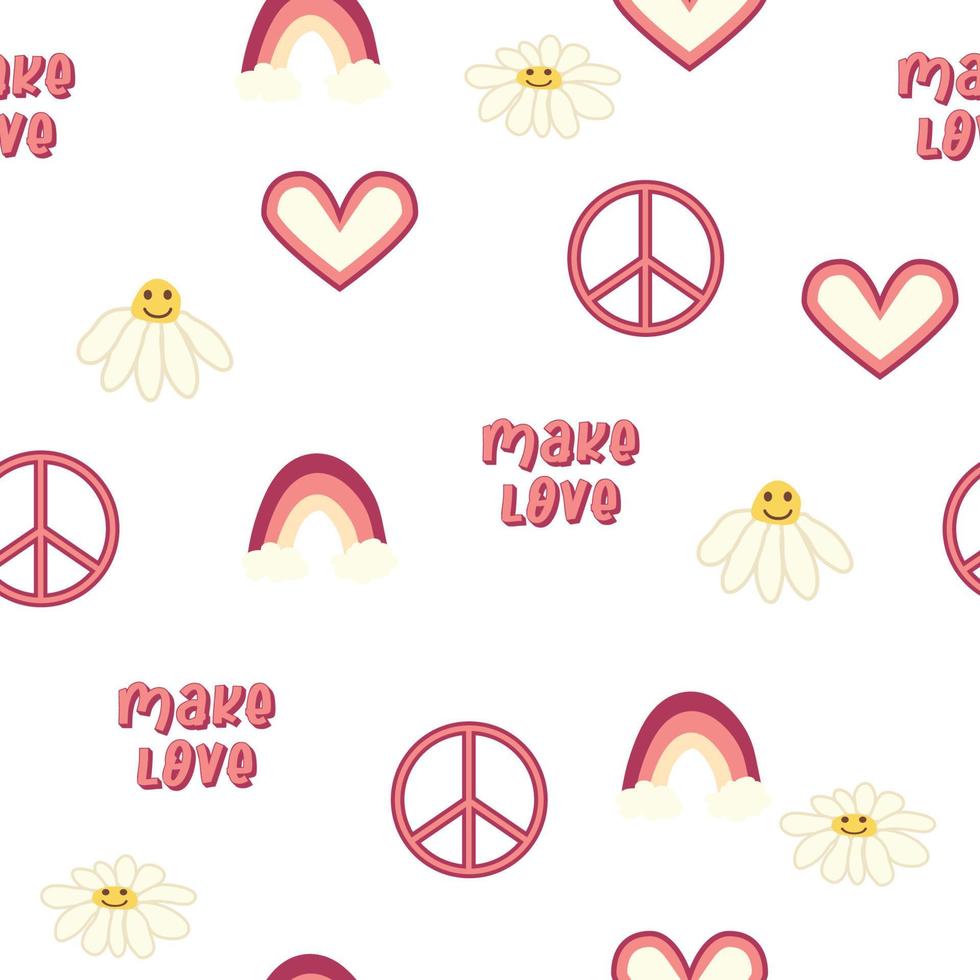 Love heart, peace symbol, rainbow retro 70s seamless pattern. Scattered heart shapes on a swirling background. vector