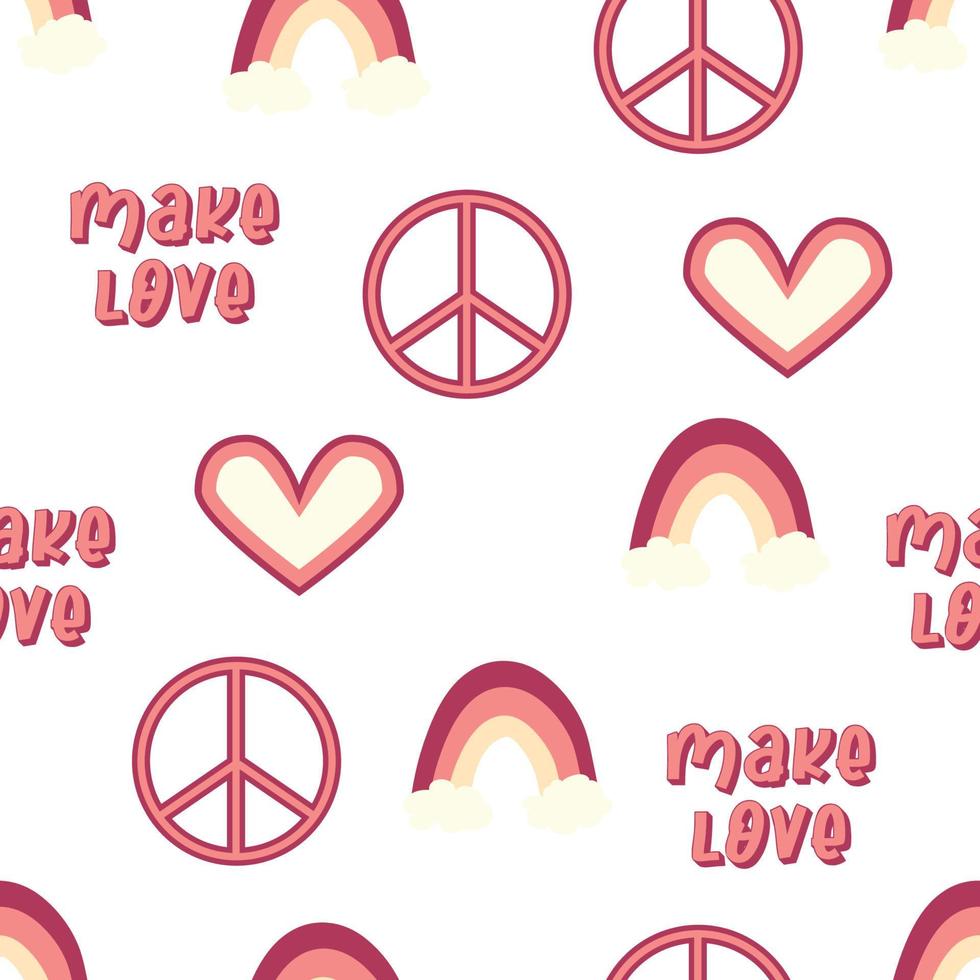 Love heart, peace symbol, rainbow retro 70s seamless pattern. Scattered heart shapes on a swirling background. vector