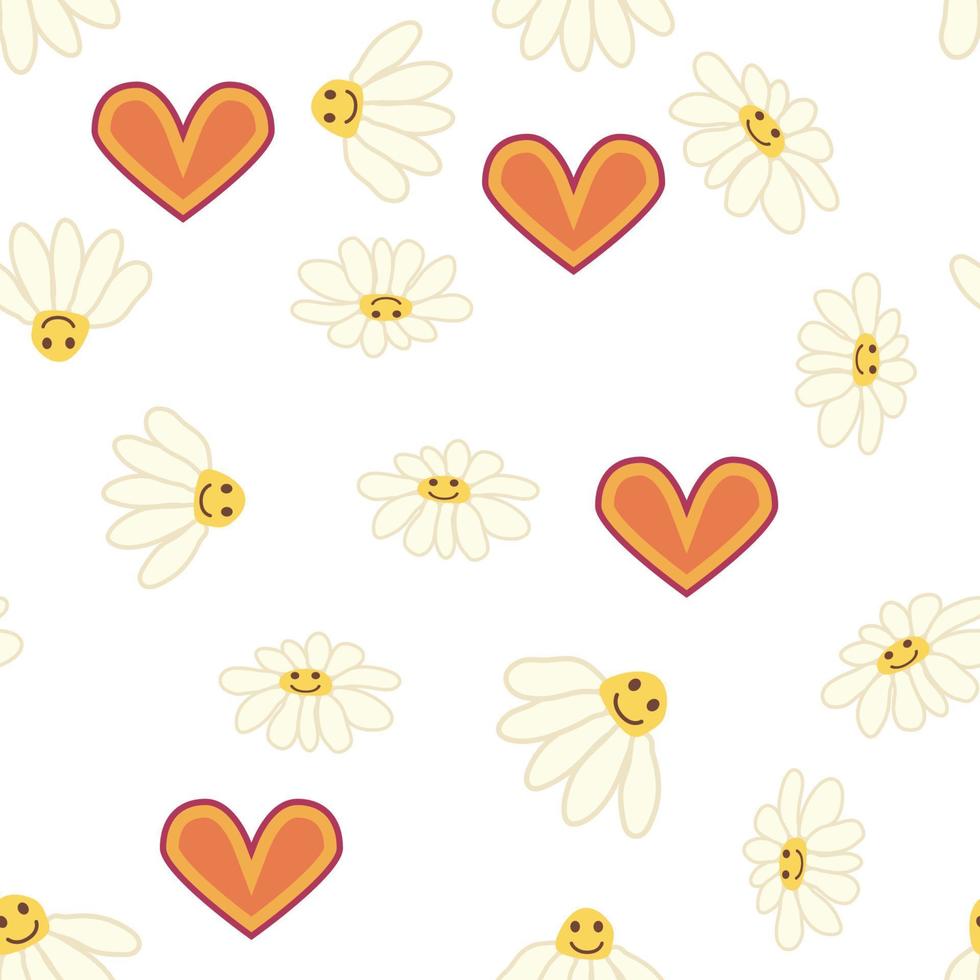 Groovy daisy retro seamless pattern. 70s vibe hippie ornament. Floral wallpaper. vector