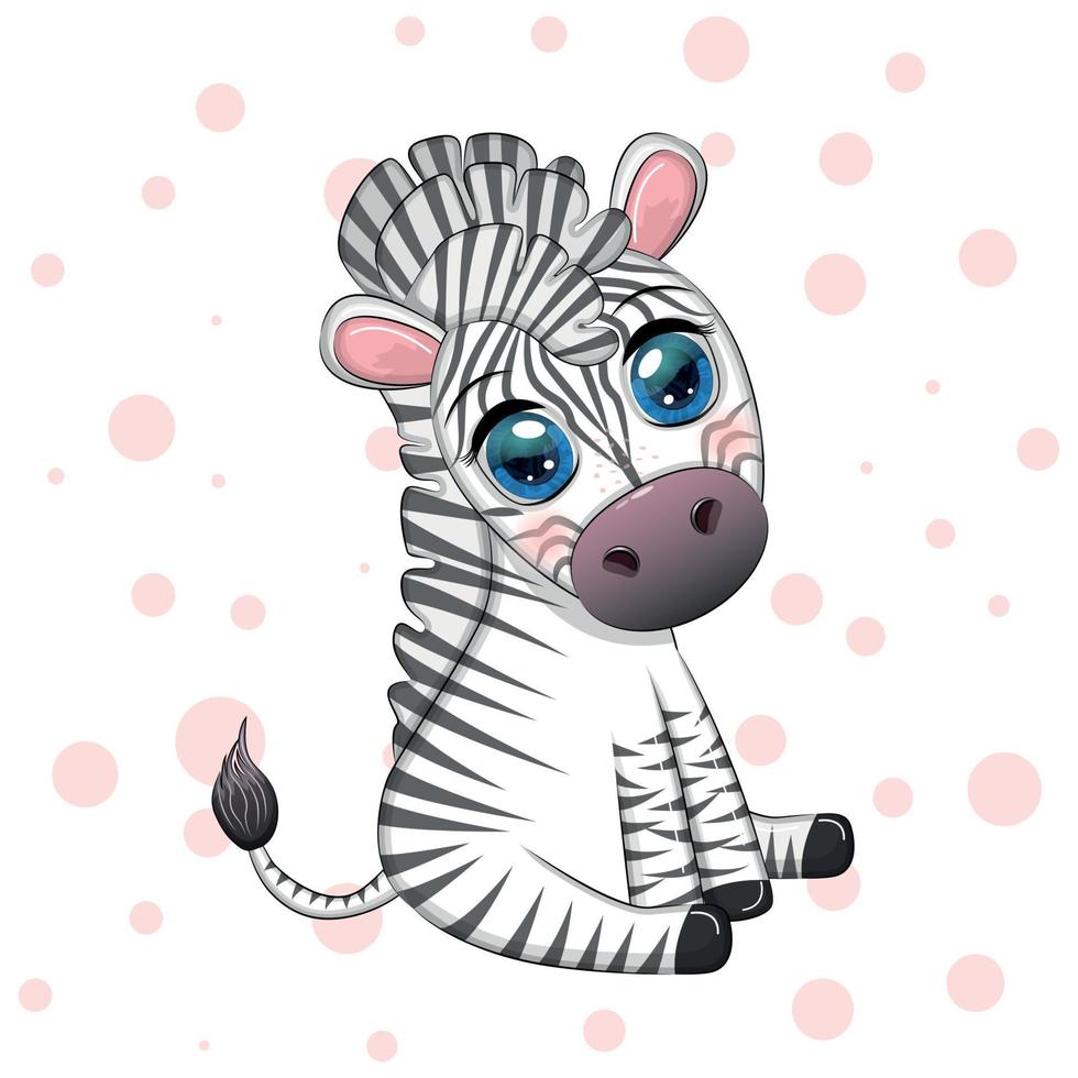 Cute cartoon zebra is sitting and waving its tail. Children's character. vector