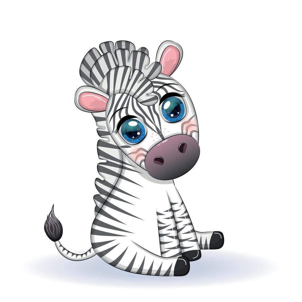 Cute cartoon zebra is sitting and waving its tail. Children's character. vector