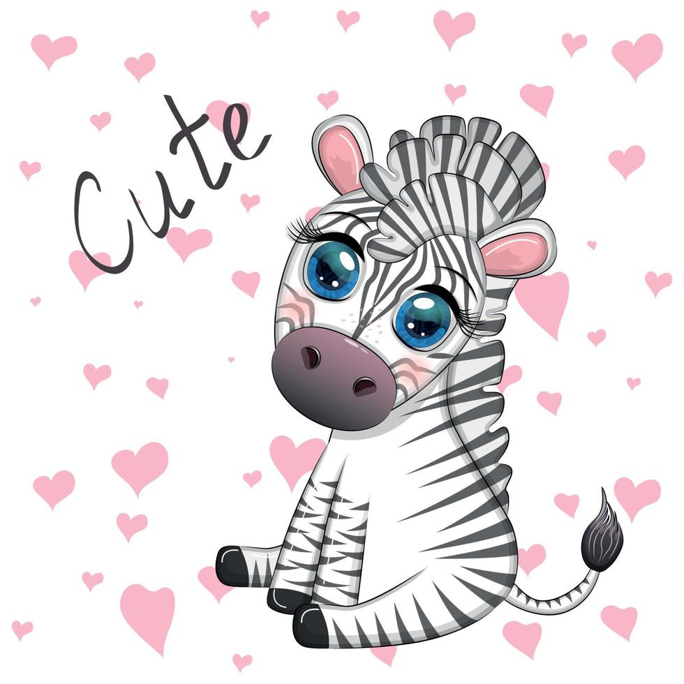 Cute cartoon zebra is sitting and waving its tail. Children's character. vector