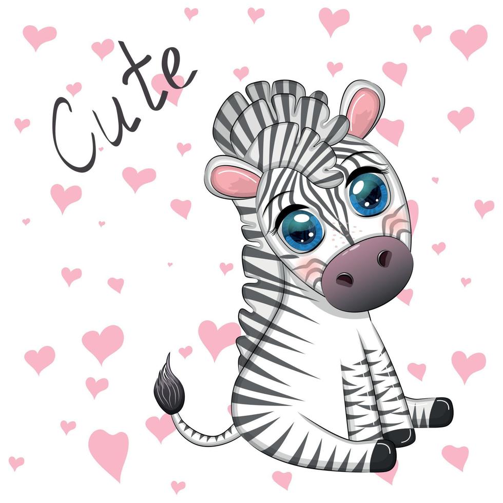 Cute cartoon zebra is sitting and waving its tail. Children's character. vector