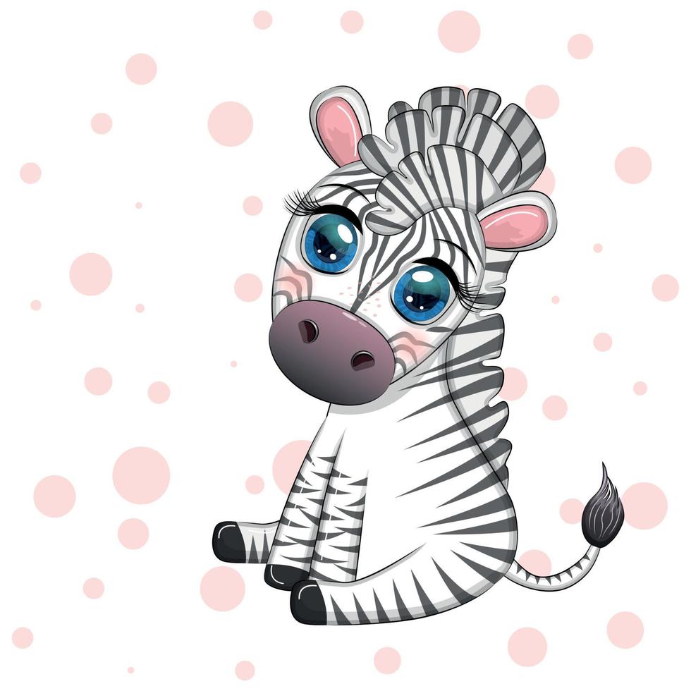 Cute cartoon zebra is sitting and waving its tail. Children's character. vector