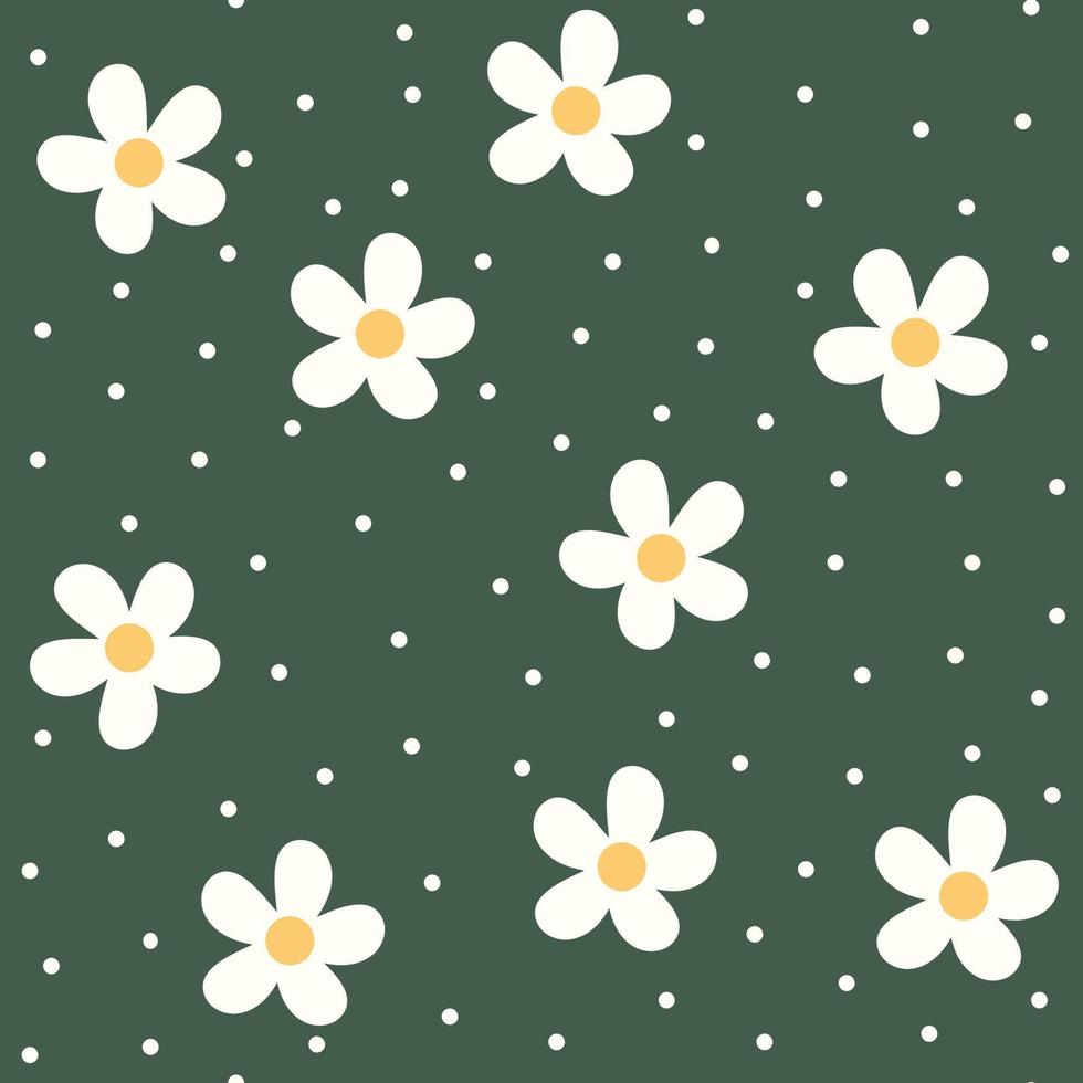 Seamless summer pattern with flat daisies and white dots on green background. Cute floral repeat pattern for decor, fabric, textile, wallpapers, gift, wrapping paper vector