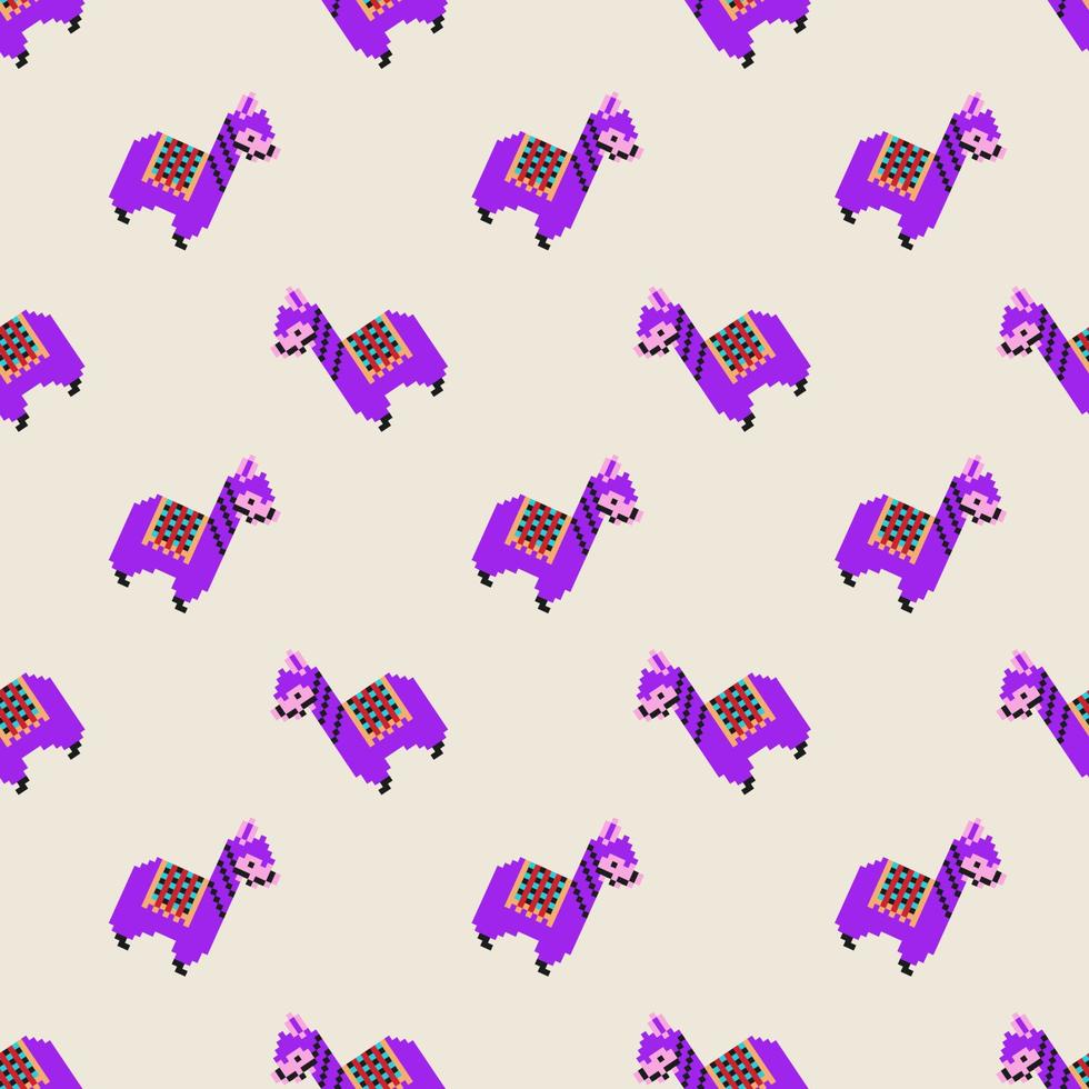 Cute seamless pattern with 8 bit pixel bright pink, lilac or purple fluffy llama alpaca. Girlish print on textiles, packaging, fabric, wrapping paper vector