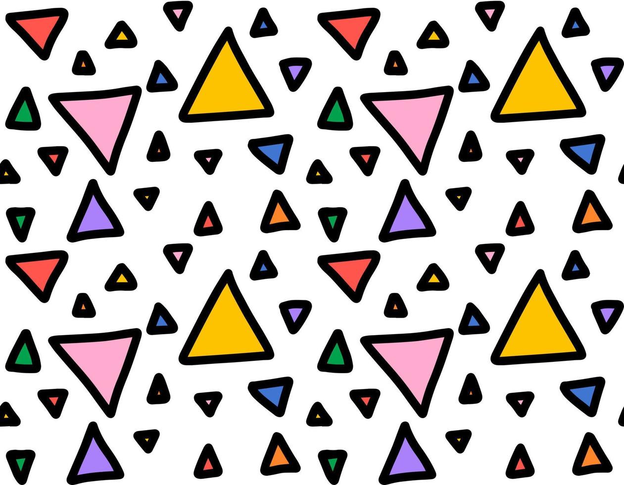 Seamless pattern with rainbow coloured triangles on white background. Funny festive vector illustration in style of comics and hand-drawing. Colorful doodle figures. Abstract geometric backdrop