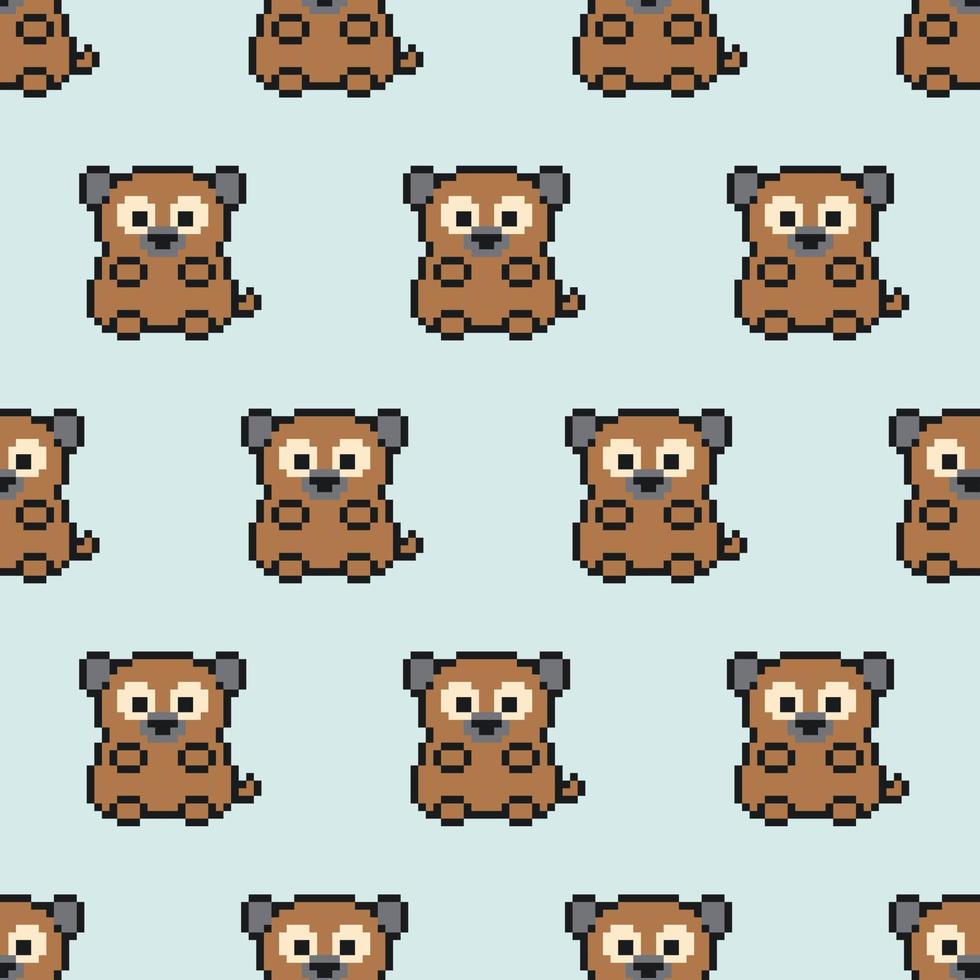 Cute pixel brown dog pattern on light blue background. 8 bit cartoon animals character. Texture for fabric, wrapping, textile, wallpaper. Decorative print. Puppy in the style of computer games of 90s. vector