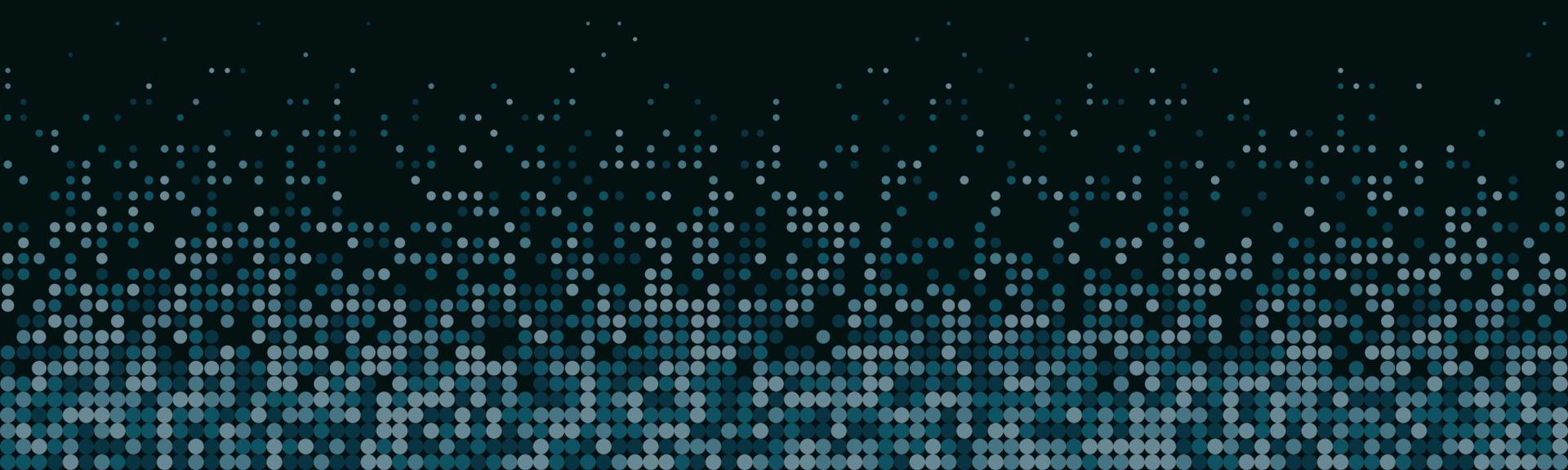 Modern turquoise polka dot horizontal panorama background. Dots in faded matrix pattern. Dark background with colorful spotted pattern. Vertical gradient. Bottom frame with copy space. Abstract vector