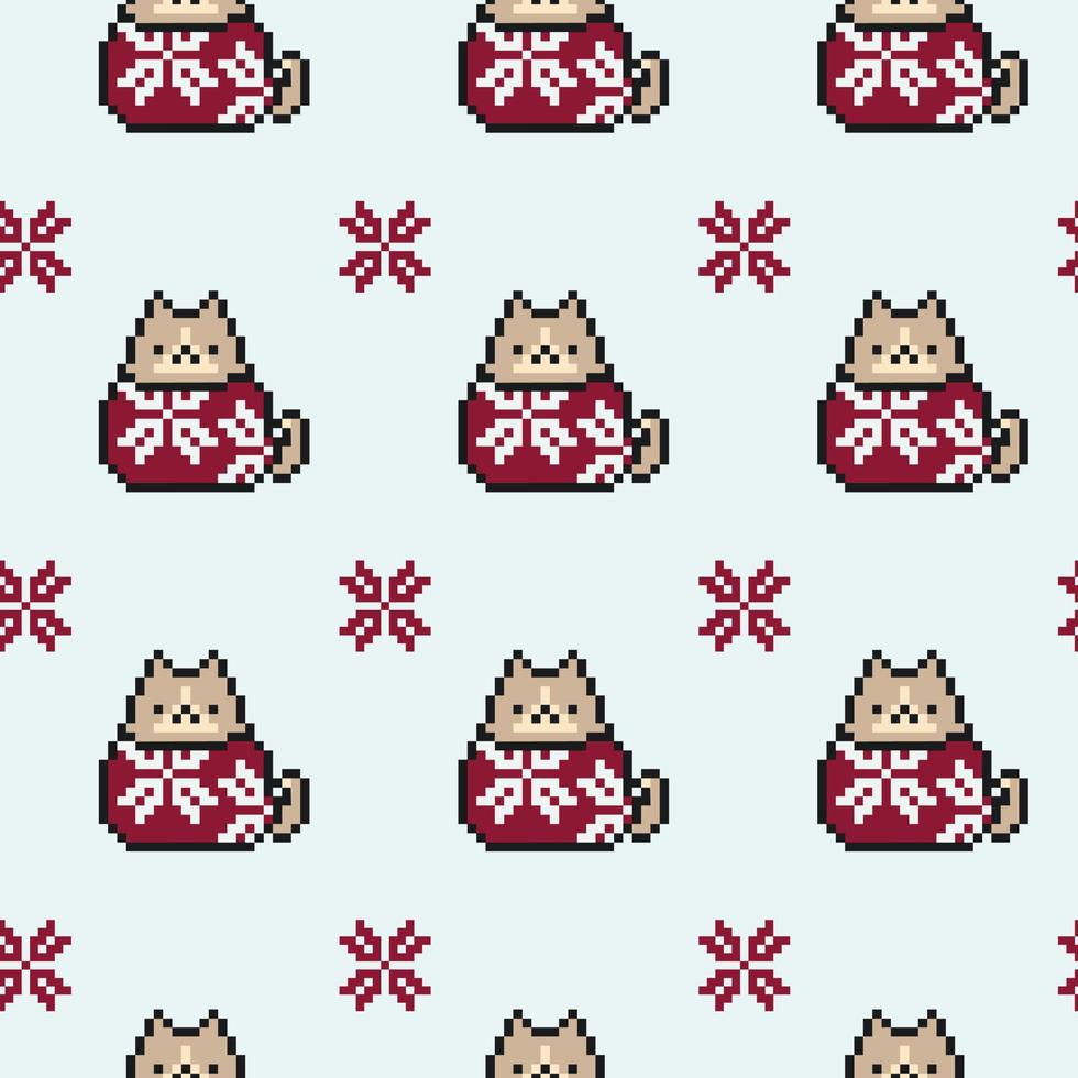 Christmas and New Year seamless pattern with a cute 8-bit cat in a red sweater with a snowflake. Pixel art. Festive background template for wrapping paper, postcards, textiles, fabric, packaging vector