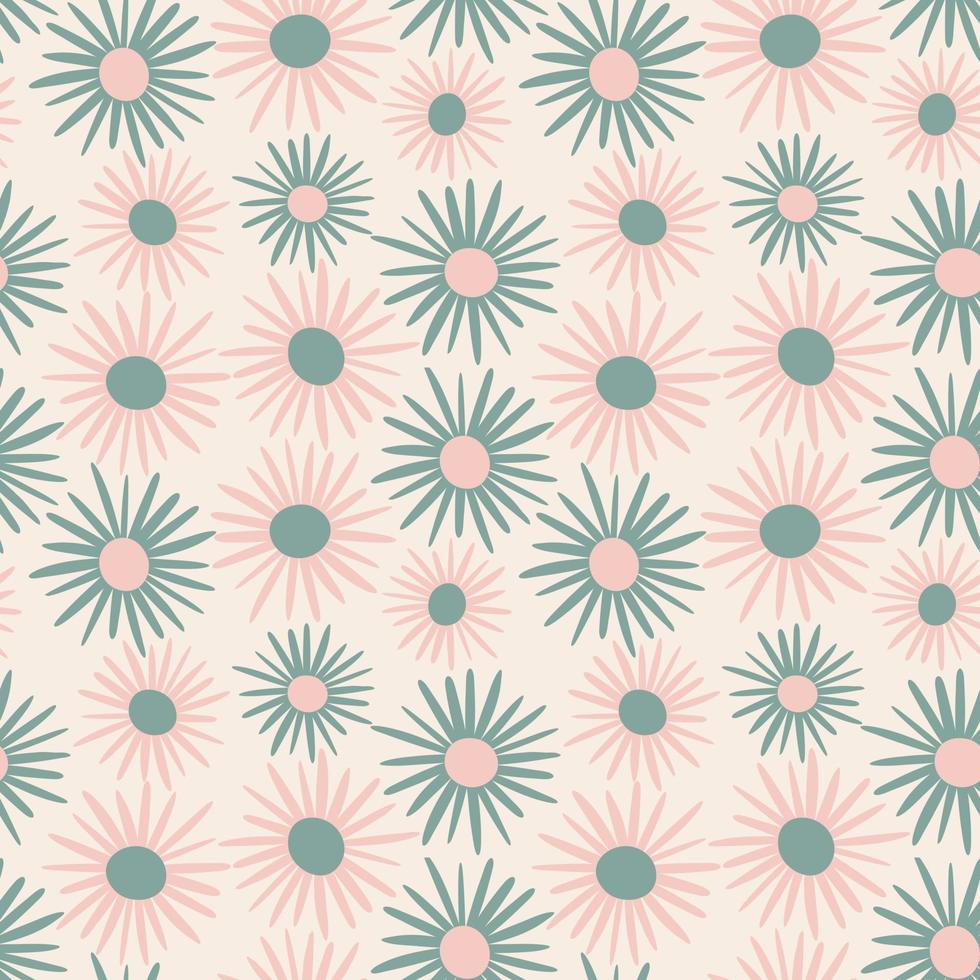 Retro pastel colored seamless pattern with daisies. Cute pink and green abstract chamomile on beige background. Floral design elements for greeting cards, scrapbooking, print, gift wrap, manufacturing vector