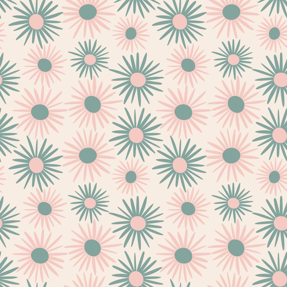 Retro pastel colored seamless pattern with daisies. Cute pink and green abstract chamomile on beige background. Floral design elements for greeting cards, scrapbooking, print, gift wrap, manufacturing vector