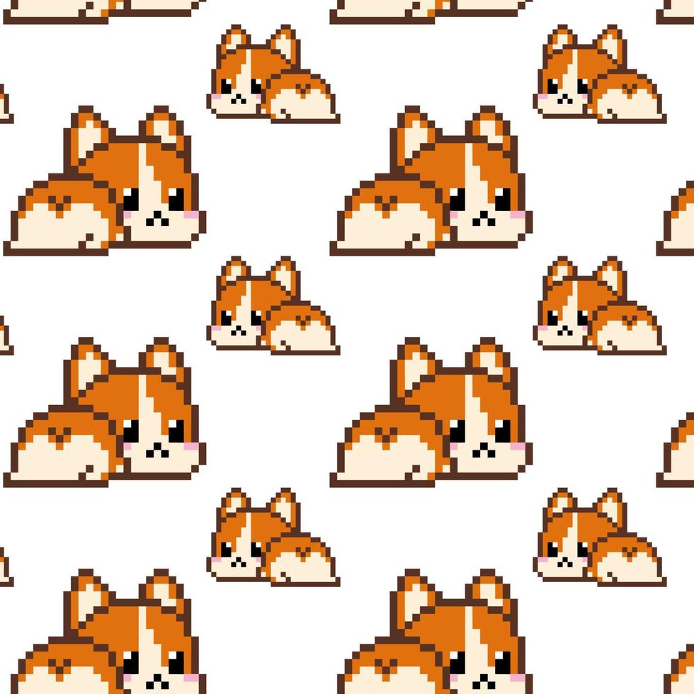 lindo patrón sin costuras de dibujos animados de perro corgi de 8 bits. divertido pembroke corgi galés o perro cardigan yace sobre fondo blanco con patas traseras extendidas, vista trasera. jugoso peludo mascotas culo vector