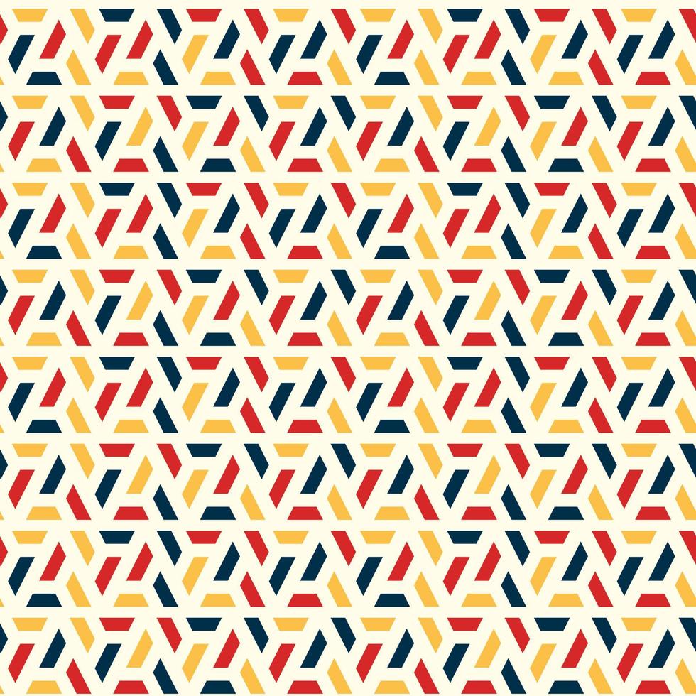 Abstract Geometric Pattern in yellow, red, navy blue, beige colors. Bright seamless pattern with colorful ornament. Vector graphics design for web design, textile print, wallpaper, wrapping paper.