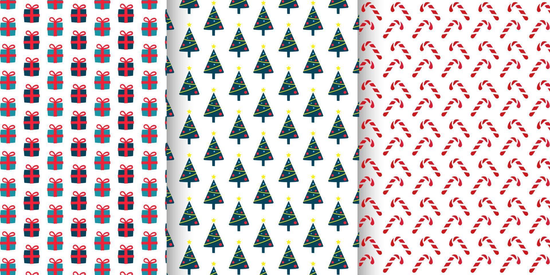 Set of seamless Christmas and New Year patterns with traditional ornaments. Collection of Vector winter holiday backgrounds. For packaging, wrapping paper, fabric, textile, cover etc