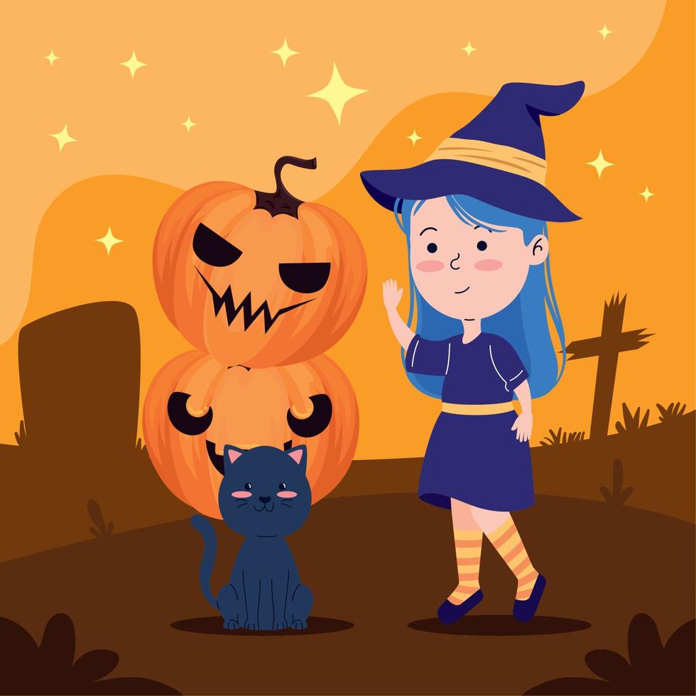 bruja de halloween con calabazas y gato vector