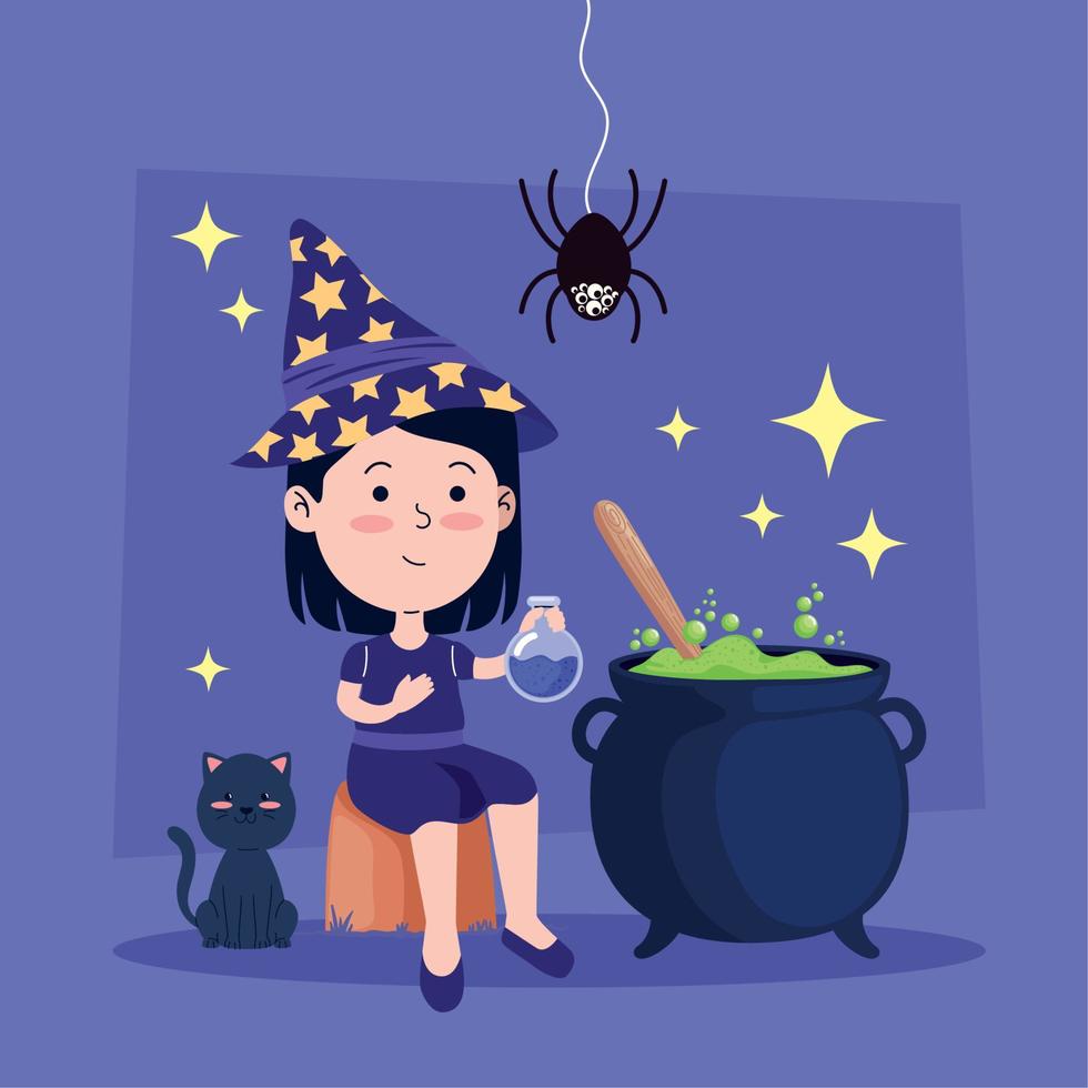 halloween witch with cauldron vector