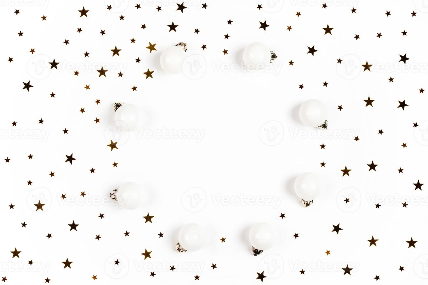 White Christmas balls and stars on isolated background. photo