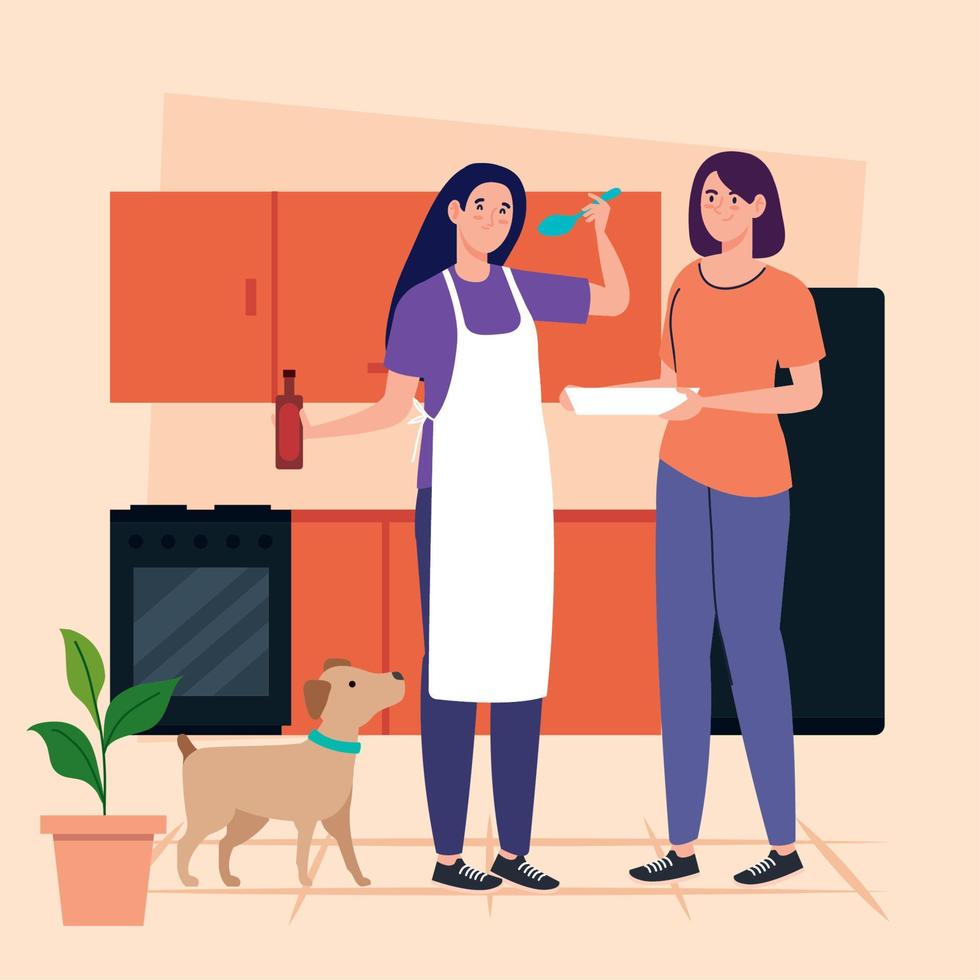 chicas cocinando con perro vector