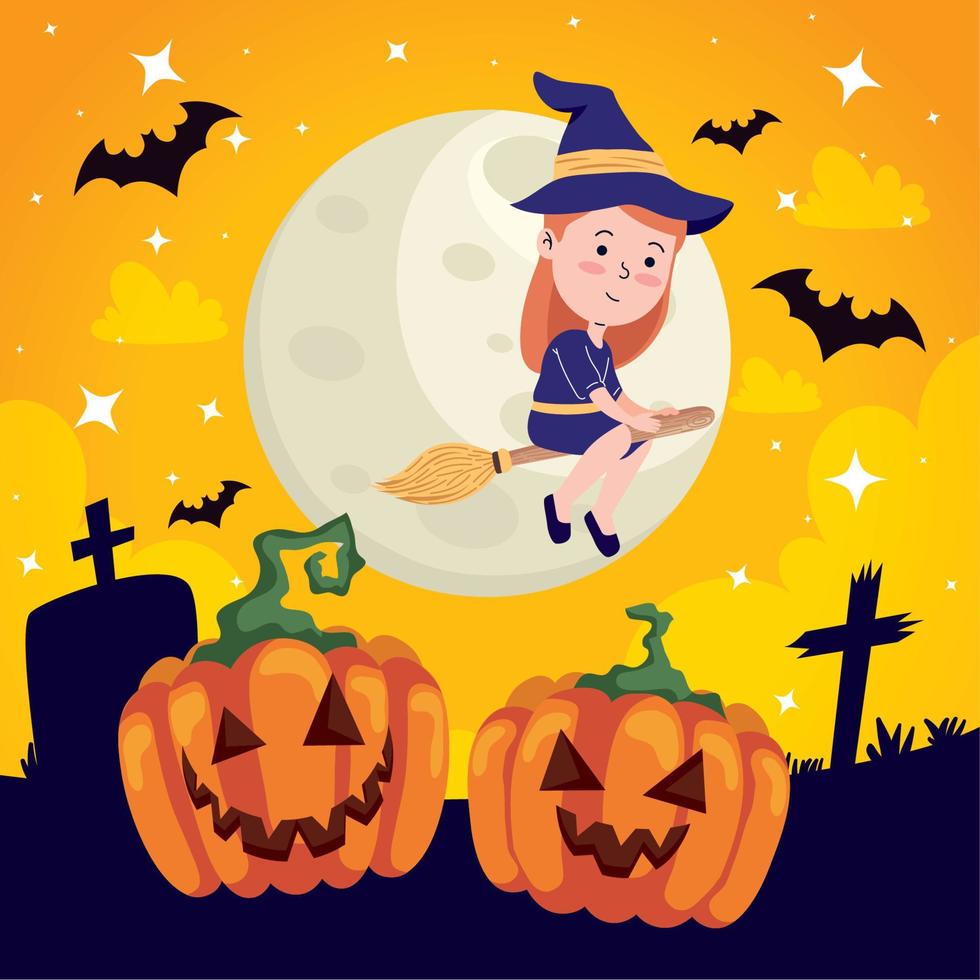 halloween witch flying with pumpkins vector