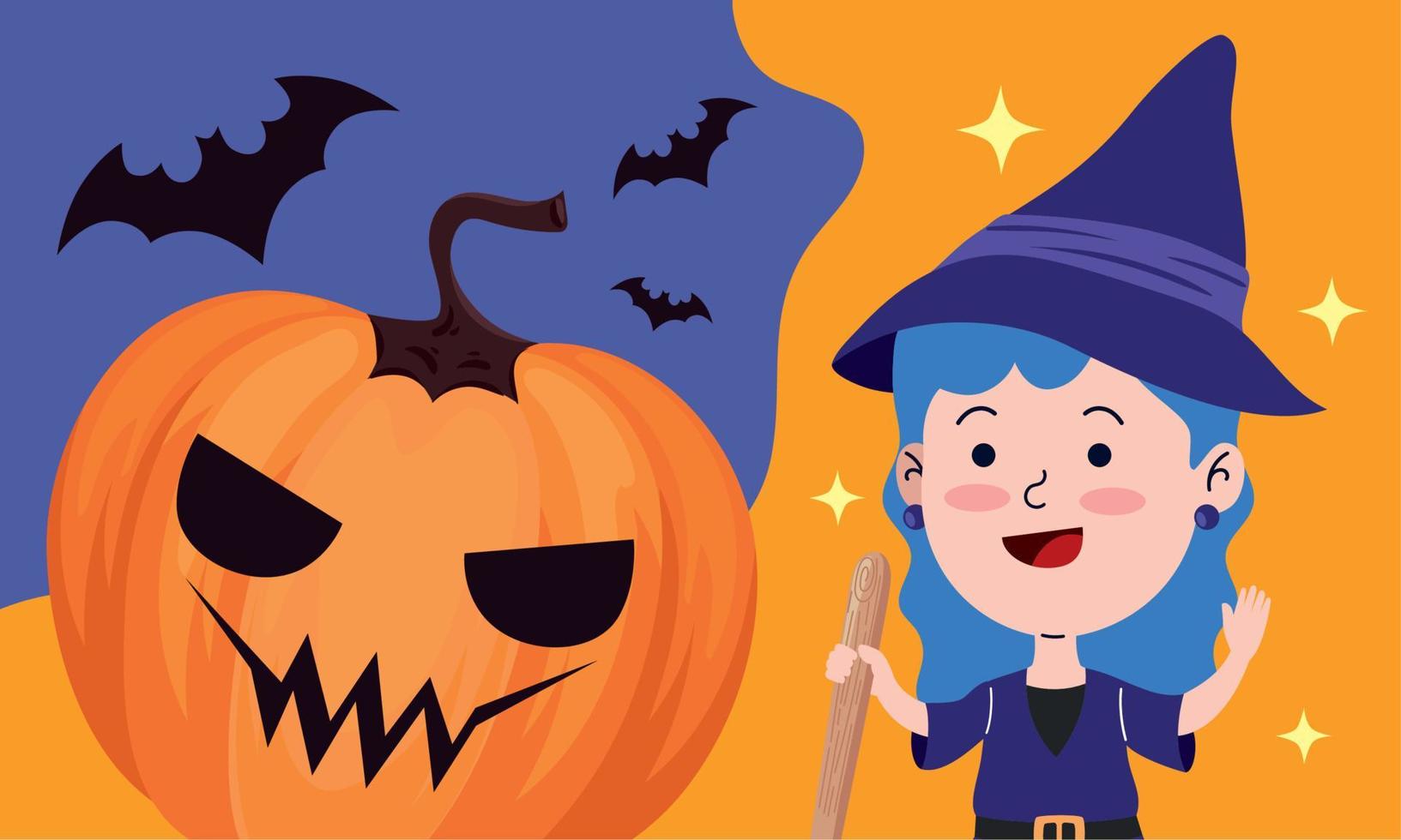 halloween witch with bats and pumpkin vector