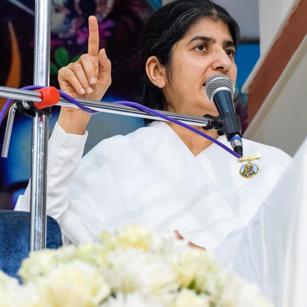 New Delhi, India, October 16 2022 - BK Shivani during meditation session, Shivani Verma, better known as BK Shivani, is a teacher in the Brahma Kumaris spiritual yoga and meditation movement of India photo